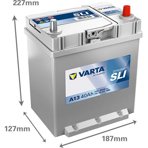 Batterie voiture VARTA A13 40Ah 330A, montrée en gros plan, avec bornes et étiquettes visibles, pour véhicules.