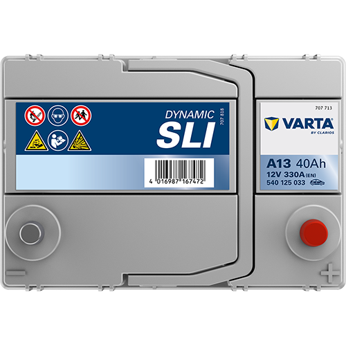 Batterie voiture VARTA A13 40Ah 330A, vue de face avec bornes, marque CANPAA SARL, pour véhicule.