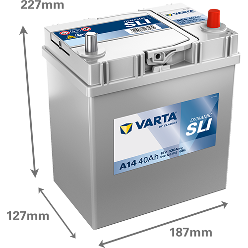Batterie voiture Varta A14 40Ah 330A, vue de face, marque CANPAA SARL, avec bornes et étiquette visible.