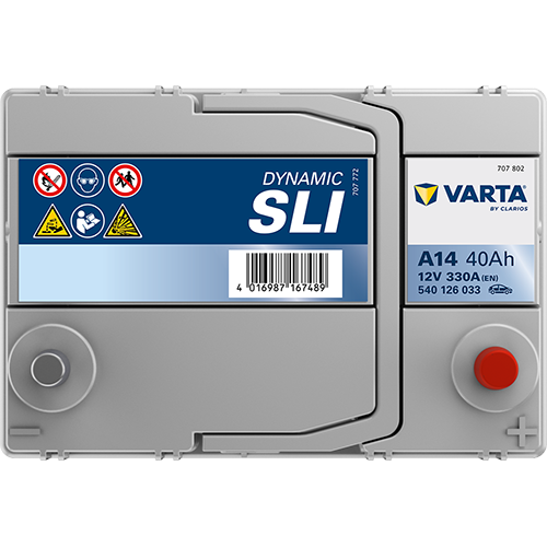 Batterie voiture VARTA A14 40Ah 330A de CANPAA SARL, vue de face avec bornes et étiquettes visibles