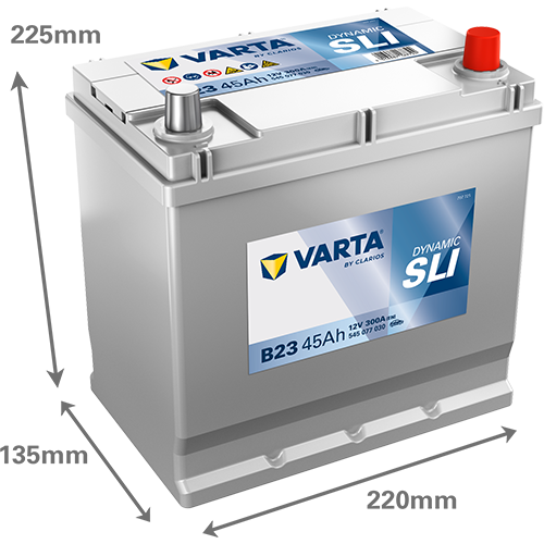 Batterie voiture Varta B23 de 45Ah et 300A, vue de face, avec bornes visibles, pour véhicules, marque CANPAA SARL