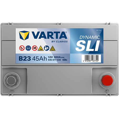 Batterie voiture VARTA B23 45Ah 300A de CANPAA SARL, vue de face avec bornes et étiquette visible