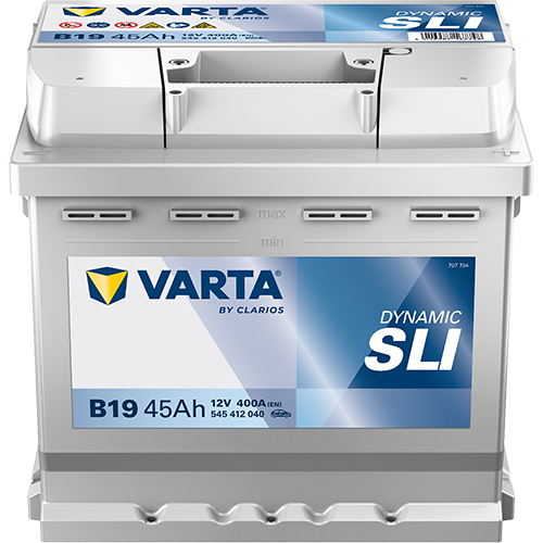 Batterie voiture Varta B19 45Ah 400A, marque CANPAA SARL, vue de face avec bornes et étiquettes visibles.