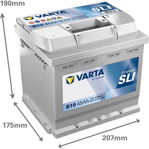 Batterie voiture VARTA B19 45Ah 400A de CANPAA SARL, vue de face avec bornes et étiquette visible