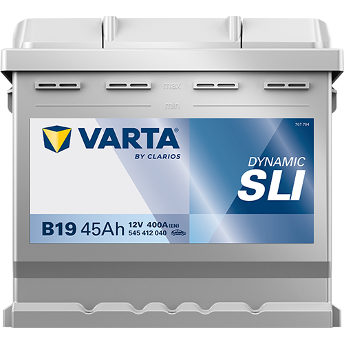 Batterie voiture Varta B19 45Ah 400A, marque CANPAA SARL, avec bornes et étiquette visible sur la batterie.