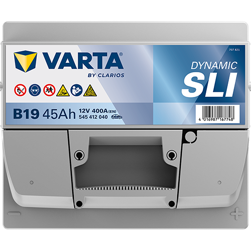 Batterie voiture Varta B19 45Ah 400A de CANPAA SARL, vue de face montrant les bornes et l’étiquette du produit.