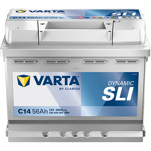 Batterie voiture Varta C14 L2 12V 56 Ah 480A avec bornes en métal, vue en gros plan.