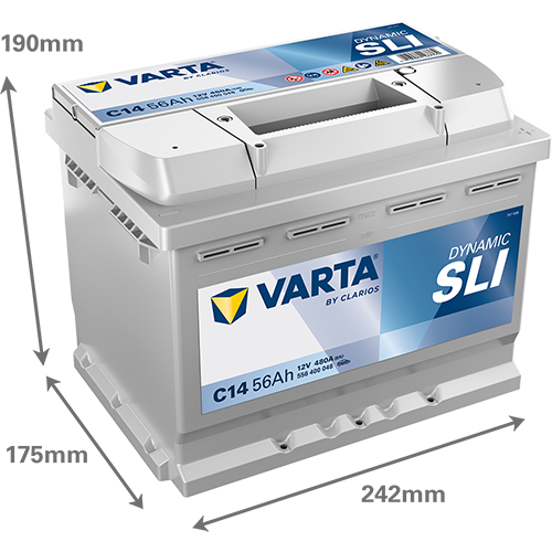 Batterie pour voiture Varta C14 L2 12V 56 Ah 480A, vue de face, avec câbles de connexion, marque Varta.