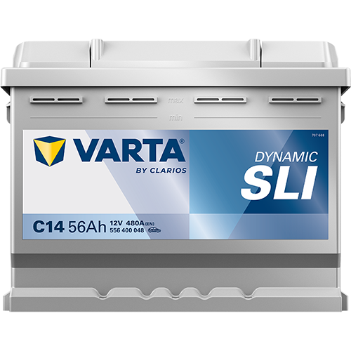 Batterie voiture Varta C14 L2 12V 56Ah 480A, vue de face avec bornes de connexion, marque Abderrahim El Ouafi.