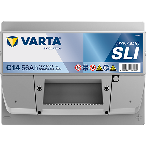 Batterie de voiture VARTA C14 L2 12V 56 Ah 480A, vue de face, avec bornes de connexion, pour véhicule.