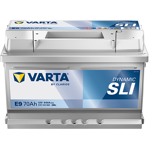 Batterie voiture VARTA E9 70Ah 640A, compatible avec véhicules, affichée dans une image claire et détaillée.