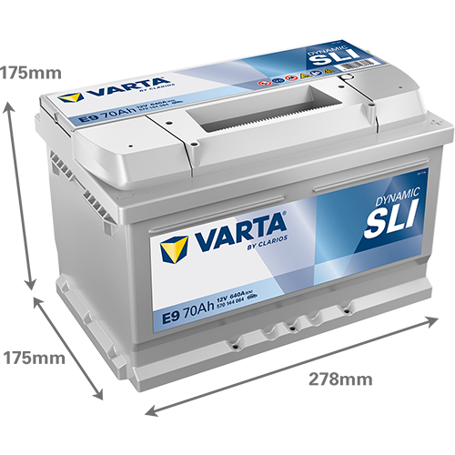 Batterie voiture VARTA E9 70Ah 640A, marque CANPAA SARL, vue de face avec bornes et étiquette visible.