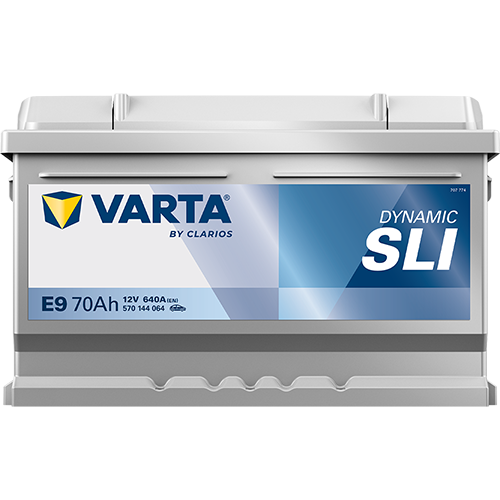 Batterie voiture VARTA E9 70Ah 640A de CANPAA SARL, vue de face avec bornes de connexion visibles.