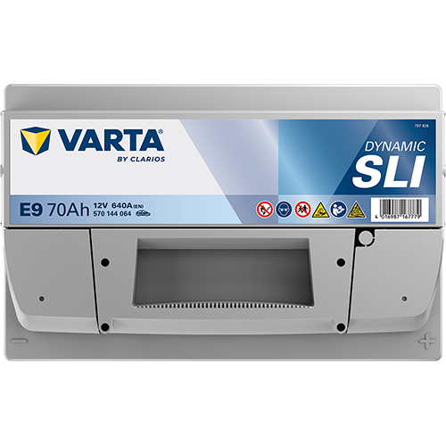Batterie voiture VARTA E9 70AH 640A de CANPAA SARL, vue de face avec bornes de connexion visibles et étiquette.