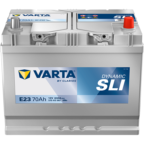 Batterie voiture Varta E23 70Ah 630A de marque CANPAA SARL, vue de face avec bornes de connexion visibles