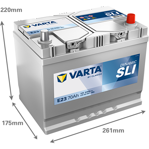 Batterie voiture VARTA E23 70Ah 630A de CANPAA SARL, vue de face avec bornes et étiquette.