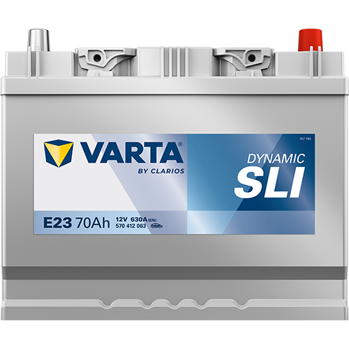 Batterie voiture Varta E23 70Ah 630A, vue de face, avec bornes visibles, pour véhicule, marque Varta.