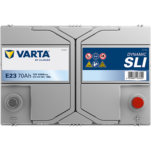Batterie voiture VARTA E23 70Ah 630A de CANPAA SARL, vue de face avec bornes et étiquette visible