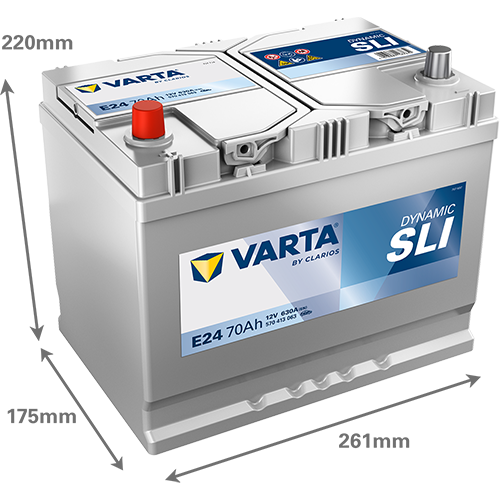 Batterie voiture VARTA E24 70Ah 630A de CANPAA SARL, vue de face avec bornes visibles et étiquette.