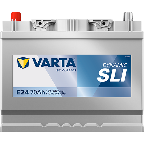 Batterie voiture Varta E24 70Ah 630A, vue de face, avec bornes de connexion, marque Varta, pour véhicules.