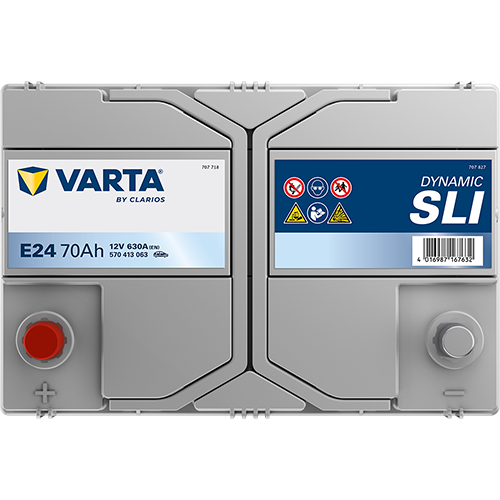 Batterie voiture VARTA E24 70Ah 630A de CANPAA SARL, vue de face avec bornes positive et négative visibles.