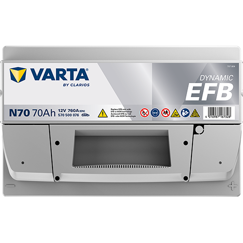 Batterie voiture Varta N70 70Ah 760A de CANPAA SARL, vue de face avec bornes visibles et étiquette.
