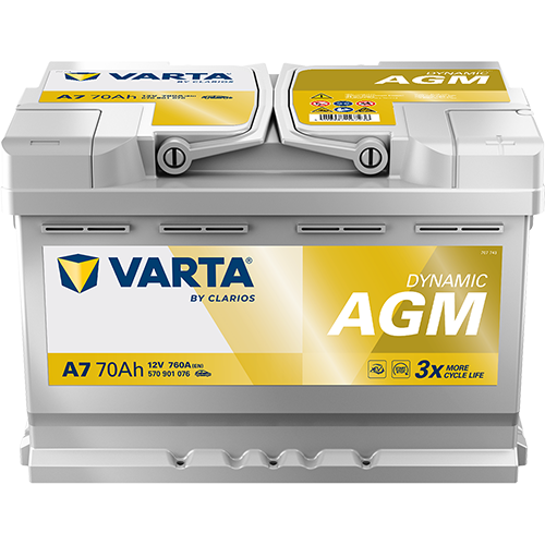 Batterie voiture VARTA A7 70Ah 760A, vue de face, avec bornes positive et negative visibles, pour voiture.