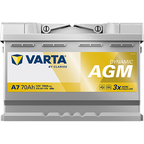 Batterie voiture VARTA A7 70AH 760A, vue de face, avec bornes et étiquette, pour véhicules, de la marque CANPAA SARL.