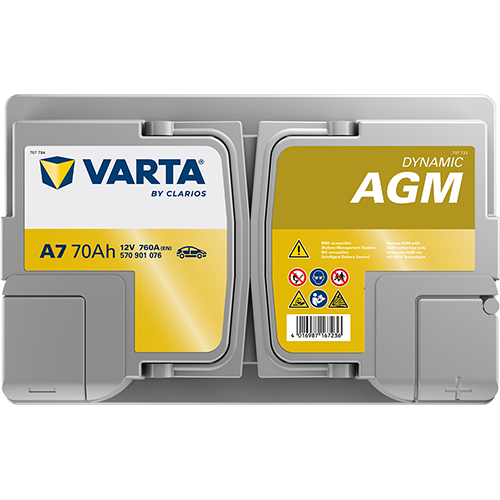 Batterie voiture VARTA A7 70AH 760A, marque CANPAA SARL, vue de face avec bornes de connexion et étiquette.