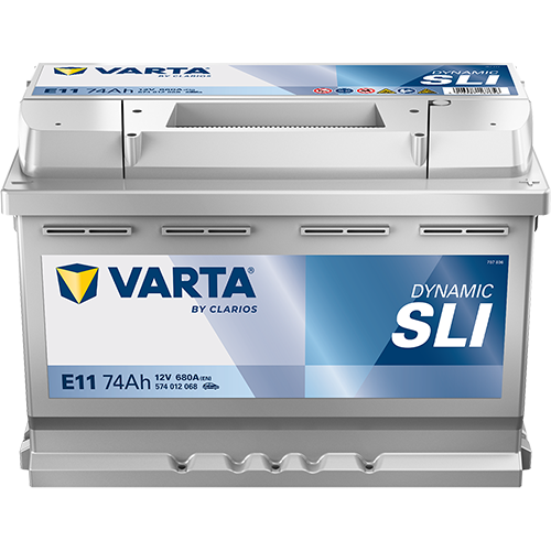 Batterie voiture VARTA E11 74Ah 680A avec bornes, vue de face, marque CANPAA SARL, pour véhicules.