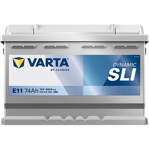 Batterie voiture VARTA E11 74Ah 680A, vue de face avec bornes de connexion, marque CANPAA SARL visible sur l'étiquette.