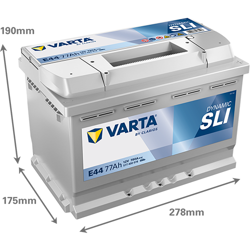 Batterie pour voiture VARTA E44 77AH 780A, vue de face, avec bornes et étiquettes, marque VARTA pour véhicules.