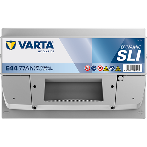 Batterie voiture Varta E44 77Ah 780A de CANPAA SARL, vue de face avec bornes de connexion visibles.