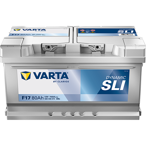 Batterie voiture VARTA F17 80Ah 740A pour véhicules, vue de face avec bornes visibles, marque VARTA en gros caractères.