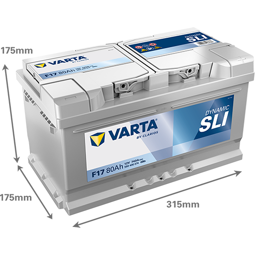 Batterie voiture VARTA F17 80Ah 740A pour véhicules, vue de face, marque VARTA, dans un espace de garage