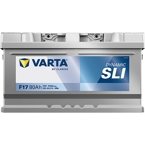 Batterie voiture VARTA F17 80Ah 740A pour véhicules, vue de face avec bornes et étiquette de marque.