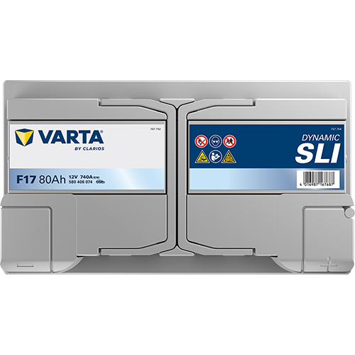 Batterie voiture VARTA F17 80Ah 740A pour véhicules, image montrant la batterie avec ses bornes et étiquettes.