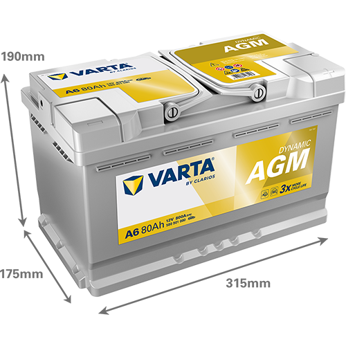 Batterie voiture VARTA A6 80Ah 800A de CANPAA SARL, vue de face avec bornes de connexion visibles.