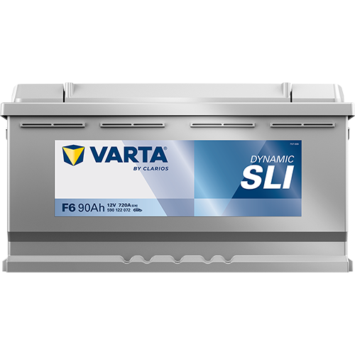 Batterie VARTA F6 90Ah 720A pour véhicules, image montrant la batterie avec étiquettes et bornes visibles