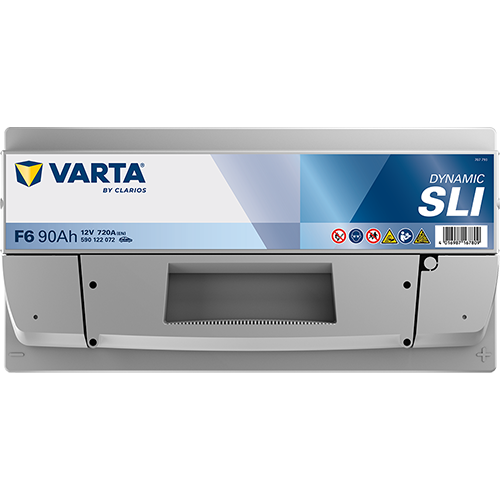 Batterie VARTA F6 90Ah 720A pour véhicules, vue de la batterie avec étiquettes et bornes, marque VARTA.