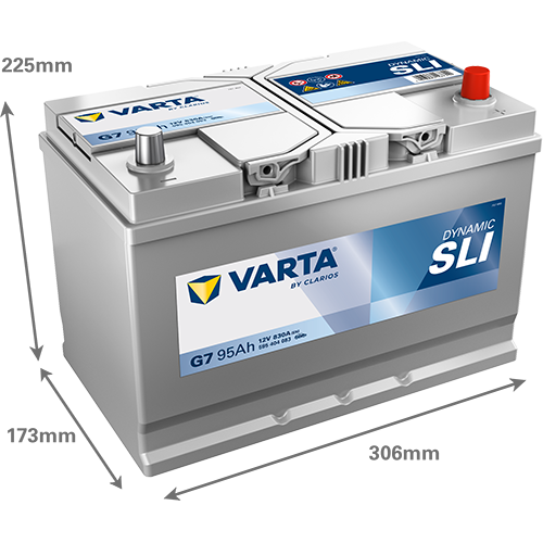 Batterie voiture Varta G7 95Ah 830A, vue de face, avec bornes et étiquette, pour véhicules automobiles.