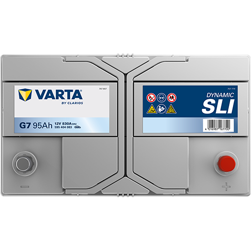 Batterie voiture VARTA G7 95Ah 830A, vue de face, avec bornes et étiquettes, pour véhicules automobiles.
