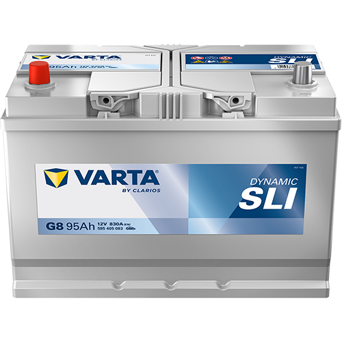 Batterie voiture VARTA G8 95Ah 830A, marque CANPAA SARL, vue de face avec bornes et étiquette visible.