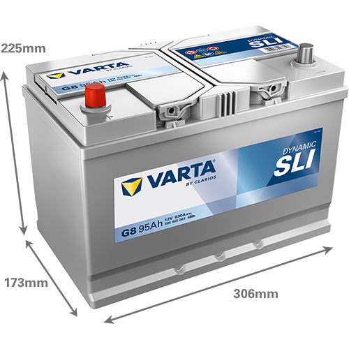 Batterie voiture VARTA G8 95Ah 830A de CANPAA SARL, vue de face avec bornes et étiquette visible.