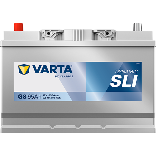Batterie voiture VARTA G8 95Ah 830A, image montrant la batterie automobile avec bornes et étiquette.