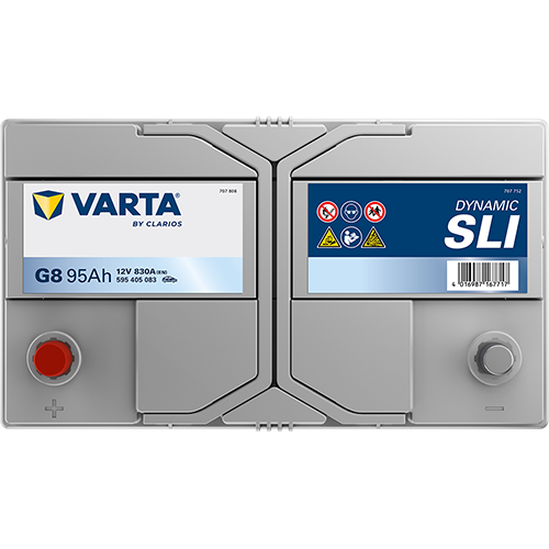 Batterie voiture Varta G8 95Ah 830A, vue de face, avec bornes de connexion visibles, pour véhicules automobiles.