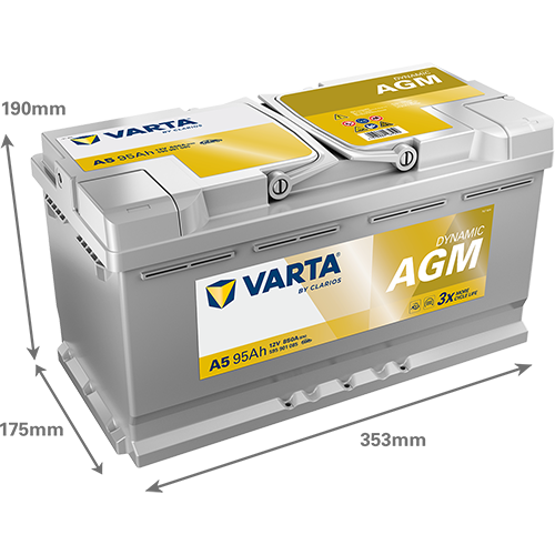 Batterie voiture Varta A5 95Ah 850A, vue de face avec bornes de connexion, pour véhicules, marque Varta.