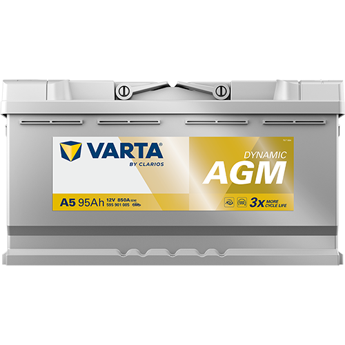 Batterie voiture VARTA A5 95Ah 850A, vue de face, avec bornes et étiquette sur la batterie.