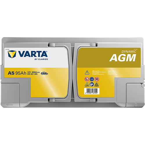 Batterie voiture VARTA A5 95Ah 850A de CANPAA SARL, vue de face avec bornes et étiquette visible.
