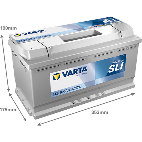 Batterie voiture Varta H3 100Ah 830A, vue de face, avec bornes et étiquettes, marque Varta en gros caractères.